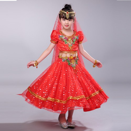 Girls children belly dance dresses red pink indian queen dance cosplay robes costumes